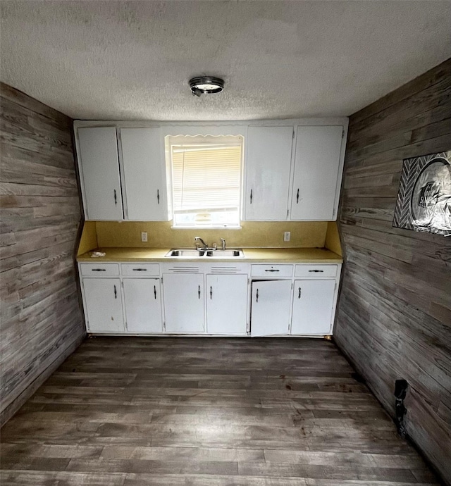 kitchen featuring white cabinets, sink, and wooden walls