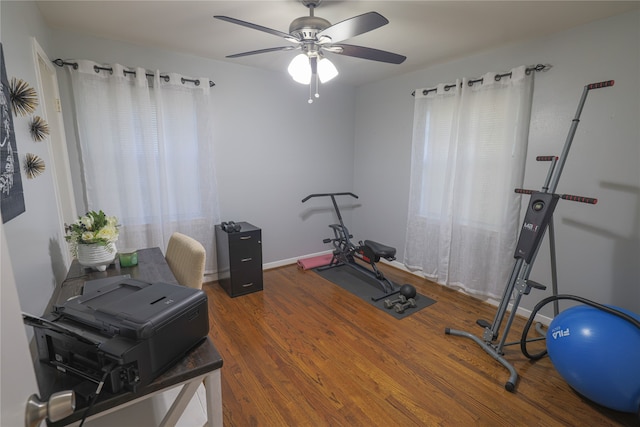 exercise room with ceiling fan and dark hardwood / wood-style flooring