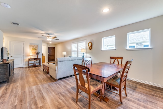 dining area featuring ceiling fan and light hardwood / wood-style floors