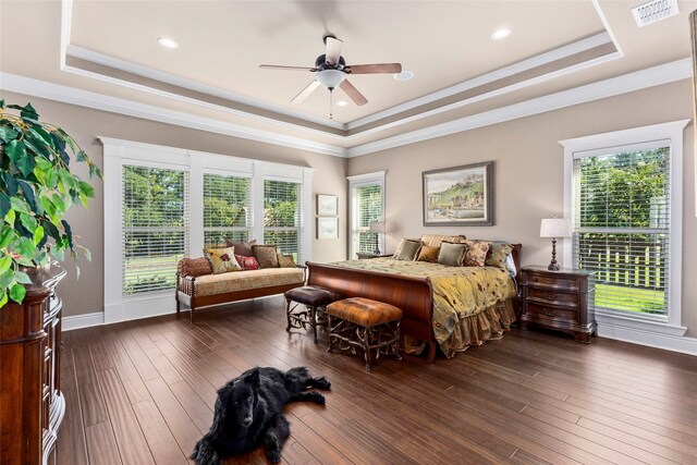 bedroom with dark wood-type flooring, multiple windows, ceiling fan, and a raised ceiling