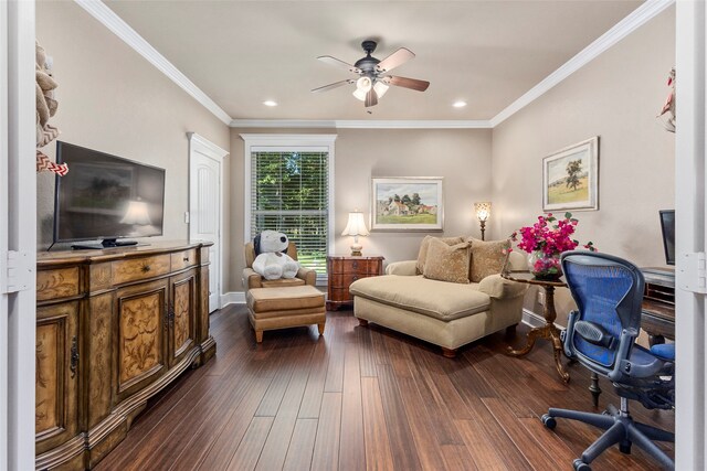 office featuring ornamental molding, ceiling fan, and dark hardwood / wood-style floors