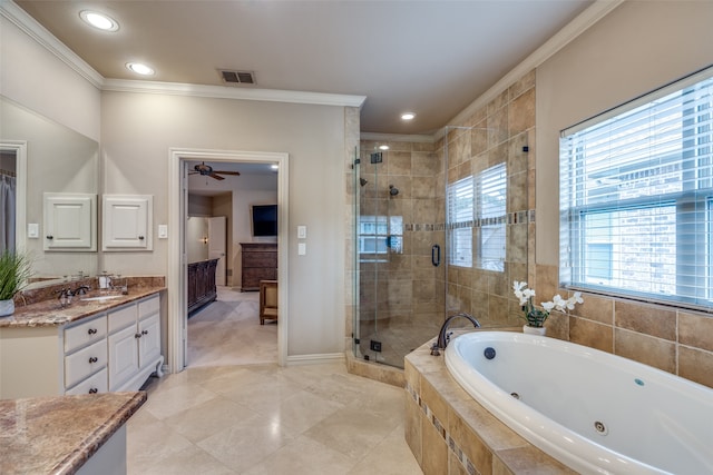 bathroom featuring independent shower and bath, vanity, ornamental molding, and ceiling fan