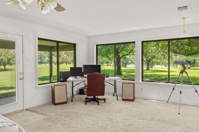 carpeted office space featuring plenty of natural light and ceiling fan