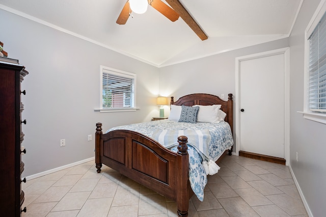 bedroom featuring vaulted ceiling with beams, ceiling fan, and light tile patterned floors