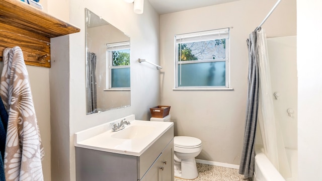 full bathroom with tile patterned flooring, vanity, toilet, and shower / bathtub combination with curtain