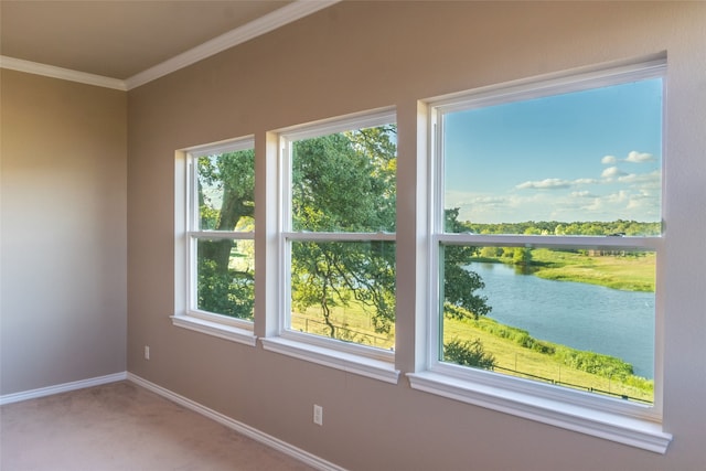 carpeted empty room with crown molding and a water view