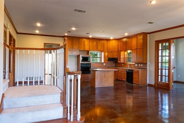 kitchen featuring exhaust hood, black appliances, tasteful backsplash, crown molding, and a center island