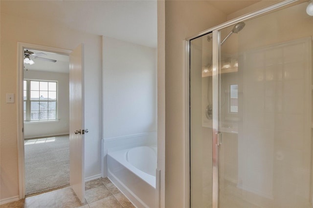 bathroom featuring tile patterned floors, ceiling fan, and independent shower and bath