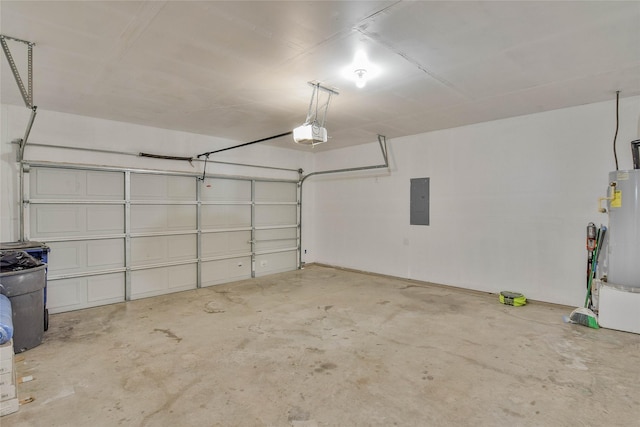 garage featuring electric panel, a garage door opener, and water heater