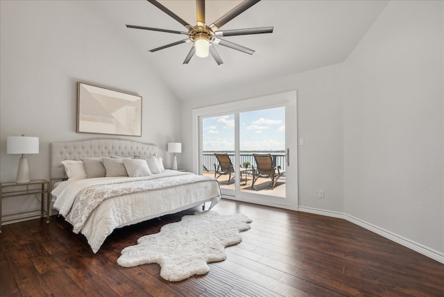 bedroom with dark wood-type flooring, ceiling fan, high vaulted ceiling, and access to outside