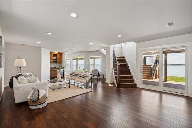 living room with dark hardwood / wood-style floors