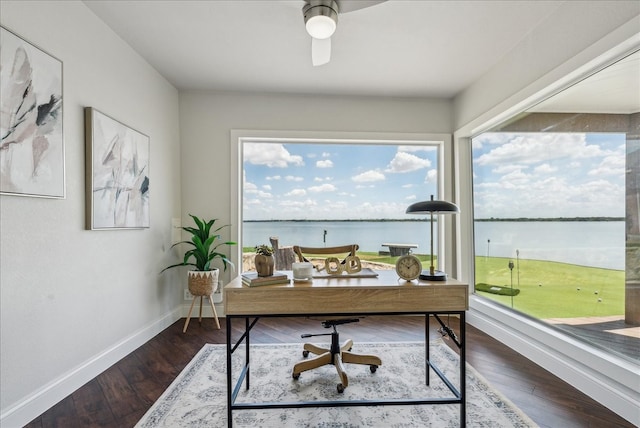 office featuring a water view, wood-type flooring, and a healthy amount of sunlight