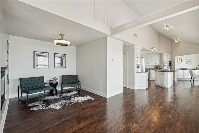 living area featuring dark wood-type flooring and high vaulted ceiling