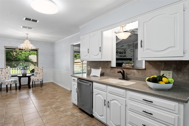 kitchen featuring dishwasher, sink, backsplash, and light tile patterned flooring