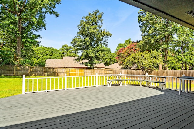 wooden terrace with a lawn and a fenced backyard