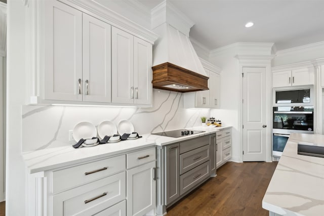 kitchen featuring black appliances, premium range hood, dark wood-type flooring, white cabinetry, and light stone counters