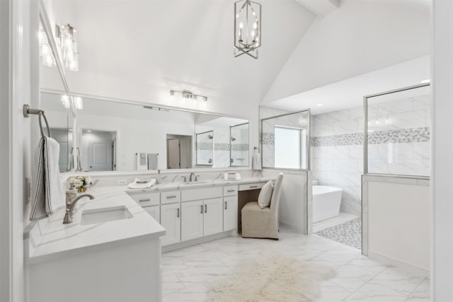 bathroom featuring vanity, independent shower and bath, and high vaulted ceiling