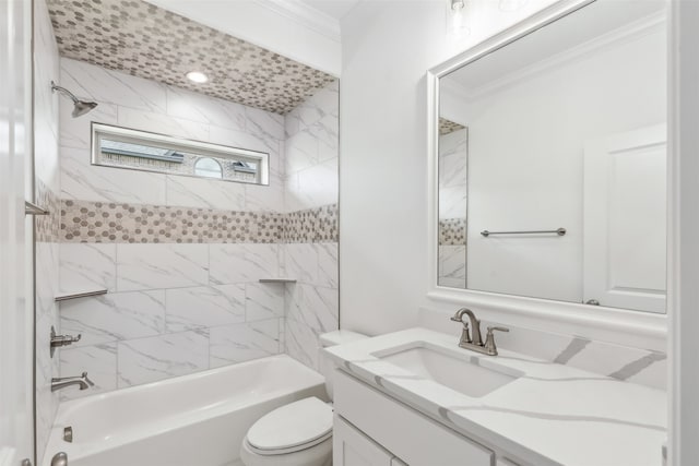 full bathroom with tiled shower / bath combo, vanity, toilet, and crown molding