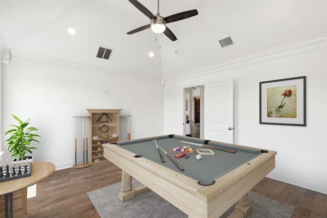 game room with ornamental molding, ceiling fan, pool table, and dark hardwood / wood-style flooring