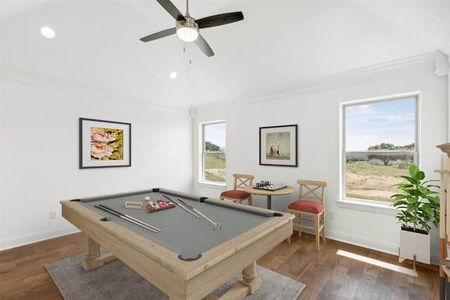 rec room featuring billiards, dark hardwood / wood-style floors, ornamental molding, and ceiling fan