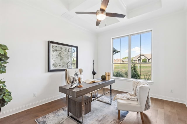 office area featuring ornamental molding, coffered ceiling, hardwood / wood-style floors, and ceiling fan