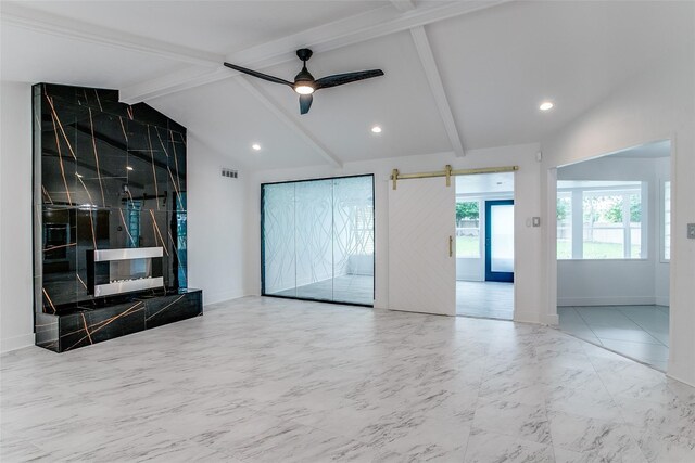 unfurnished living room with a ceiling fan, marble finish flooring, baseboards, and recessed lighting