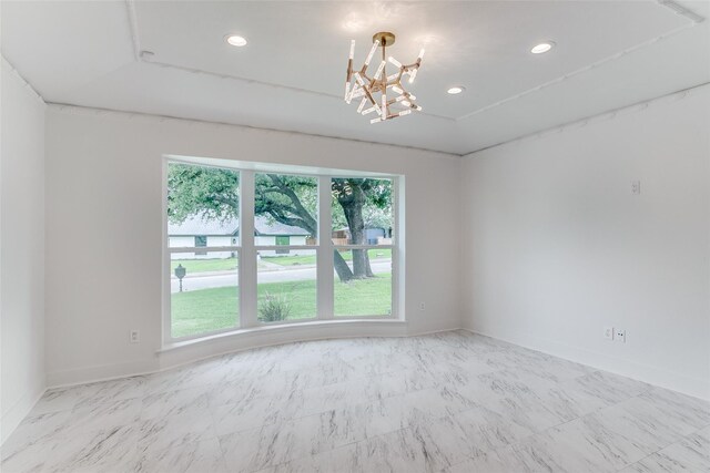 spare room with a chandelier, light marble finish flooring, baseboards, and recessed lighting
