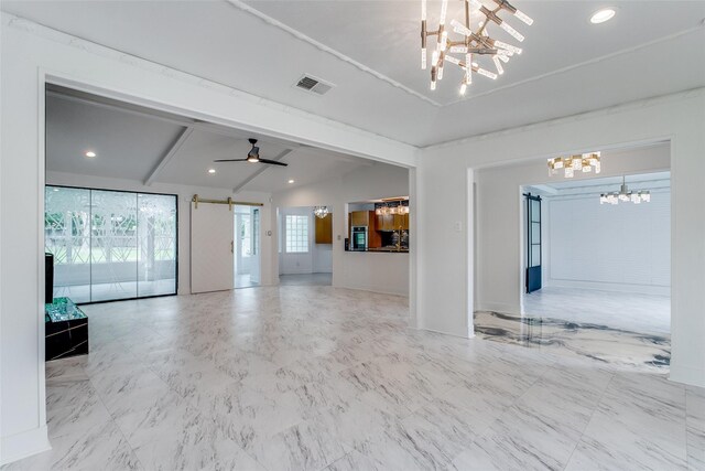 unfurnished living room featuring ceiling fan, marble look tile flooring, baseboards, and recessed lighting