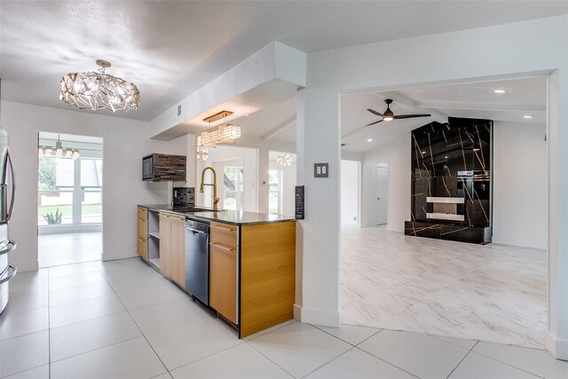 unfurnished living room with a chandelier, recessed lighting, and a ceiling fan