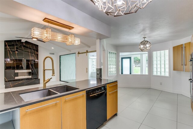 unfurnished living room featuring a chandelier, a ceiling fan, recessed lighting, and a sink