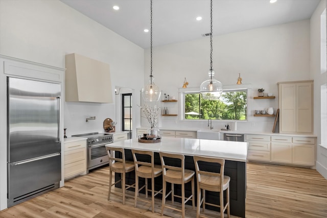 kitchen with light wood-type flooring, a kitchen island, stainless steel appliances, and high vaulted ceiling