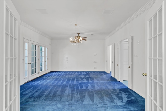 interior space featuring crown molding, a notable chandelier, and french doors