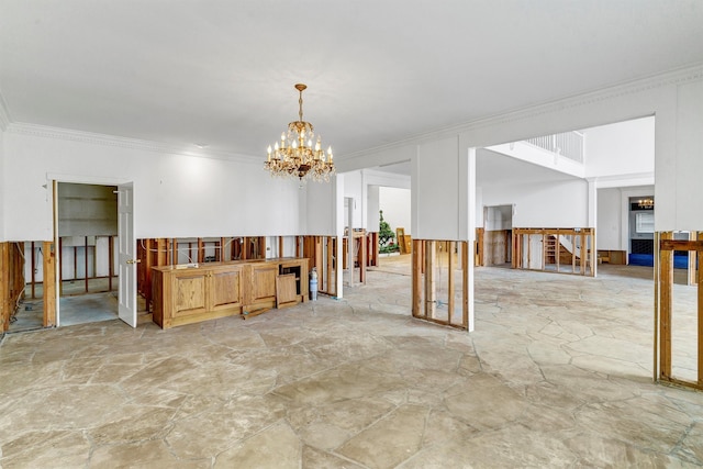 interior space featuring crown molding, light tile patterned floors, and an inviting chandelier