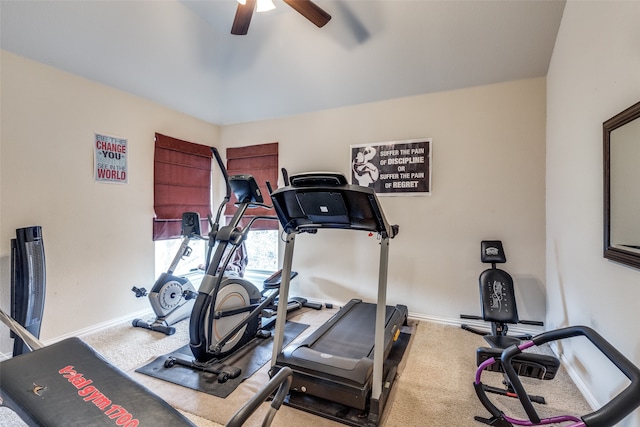 exercise room featuring carpet floors and ceiling fan