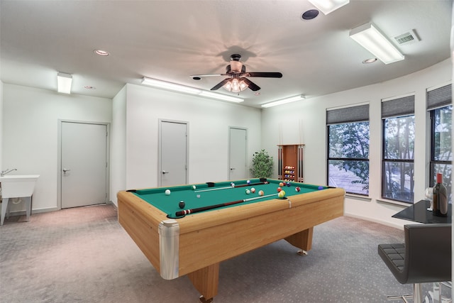 playroom featuring pool table, ceiling fan, and carpet flooring