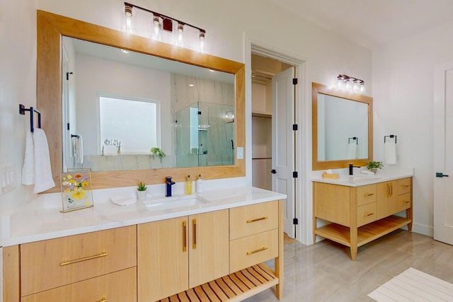 bathroom featuring hardwood / wood-style floors, a shower with door, and vanity