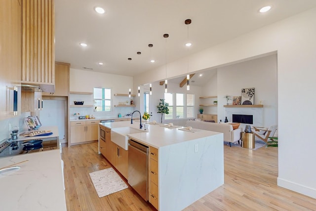 kitchen with hanging light fixtures, stainless steel appliances, light wood-type flooring, a center island with sink, and sink