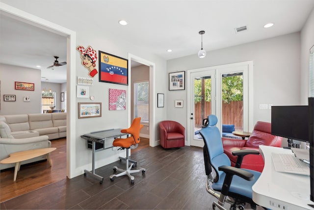 office with a ceiling fan, visible vents, dark wood-type flooring, and recessed lighting