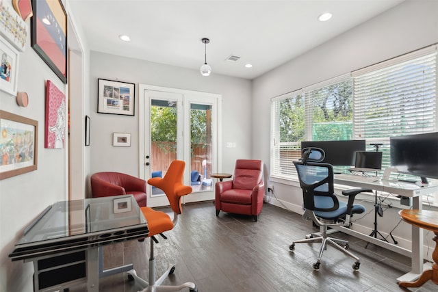 home office with hardwood / wood-style flooring