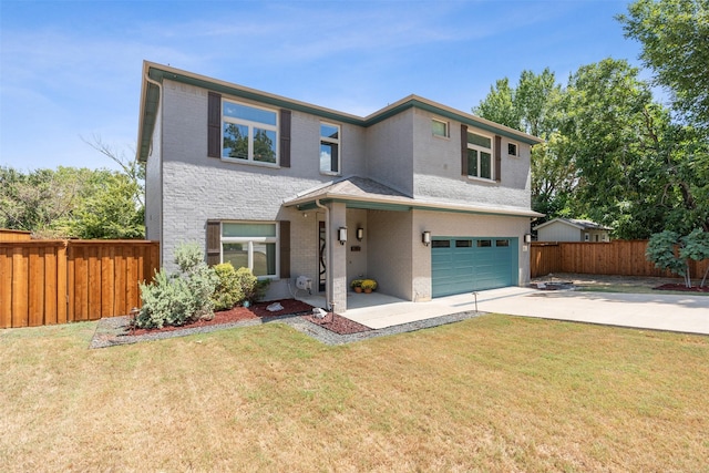 traditional home with a garage, driveway, a front yard, and fence