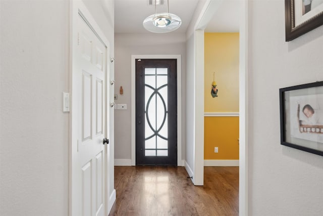 foyer with a healthy amount of sunlight, baseboards, and wood finished floors