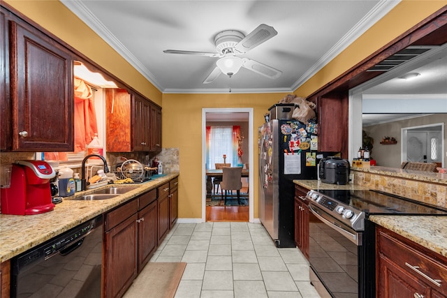 kitchen with crown molding, stainless steel appliances, sink, light tile patterned flooring, and ceiling fan