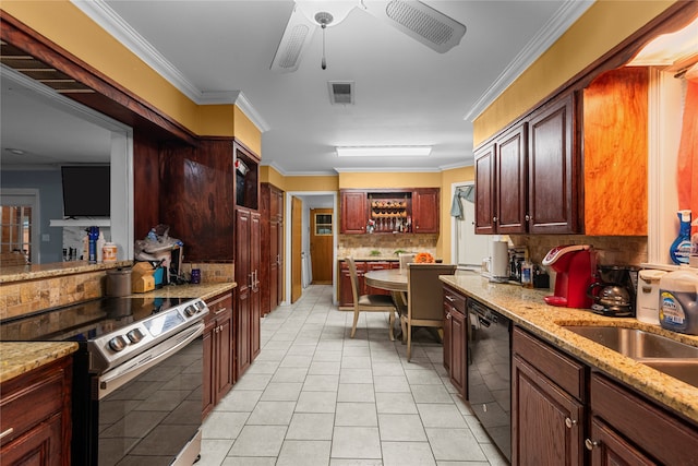 kitchen with black dishwasher, crown molding, electric range, decorative backsplash, and ceiling fan