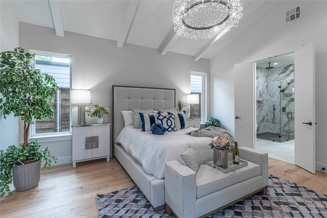 bedroom with vaulted ceiling with beams, a chandelier, and wood-type flooring