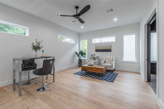 office space featuring ceiling fan, a healthy amount of sunlight, and light wood-type flooring