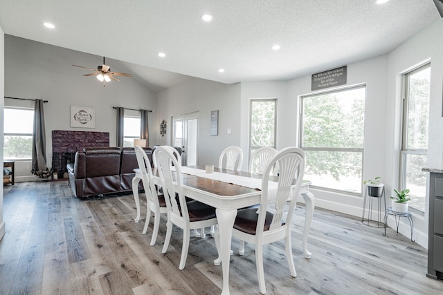 dining area with ceiling fan, light hardwood / wood-style floors, a textured ceiling, and a wealth of natural light