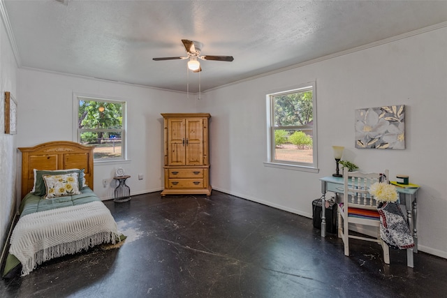 bedroom featuring a textured ceiling, crown molding, and ceiling fan