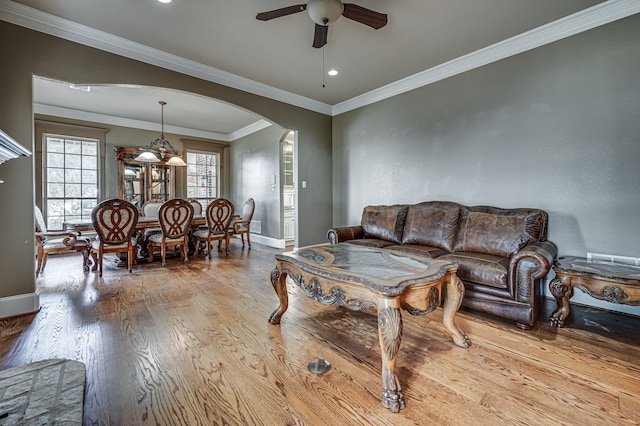 living room with ceiling fan, plenty of natural light, light hardwood / wood-style floors, and crown molding