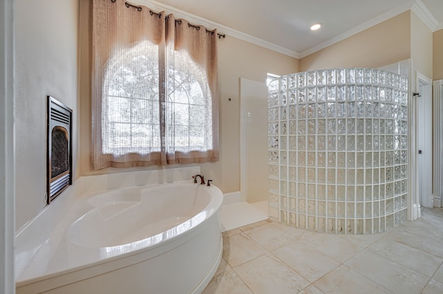 bathroom with crown molding and independent shower and bath