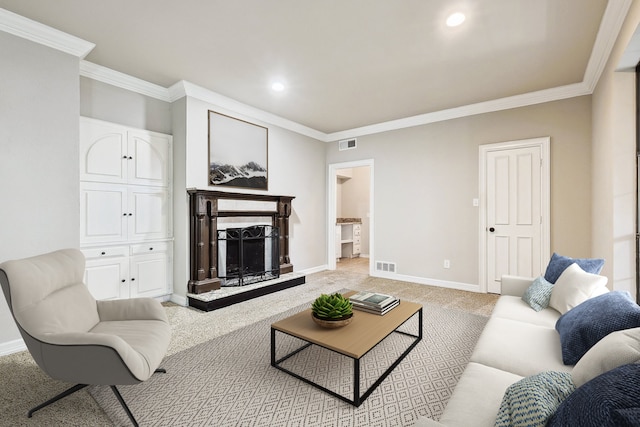 living room with a high end fireplace, light carpet, and ornamental molding